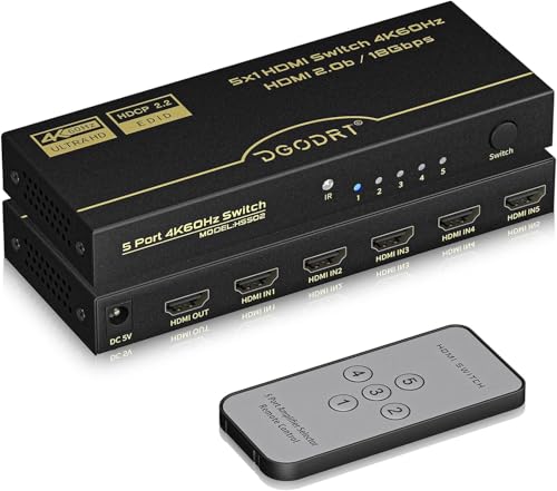 HDMI Switch 5 in 1 Out 4K@60Hz, DGODRT 5 Port HDMI Switcher Selector Box with Remote and Auto Switch, Support 3D HDR10 HDCP2.2, 5x1 Game Switcher Hub Compatible with PS5 Xbox Switch Roku Fire Stick