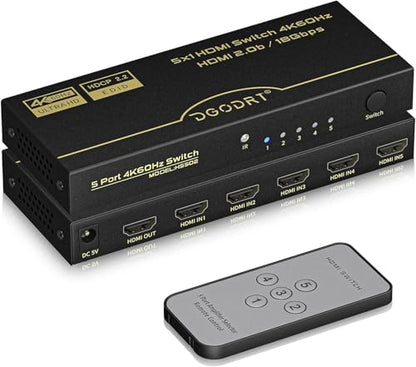HDMI Switch 5 in 1 Out 4K@60Hz, DGODRT 5 Port HDMI Switcher Selector Box with Remote and Auto Switch, Support 3D HDR10 HDCP2.2, 5x1 Game Switcher Hub Compatible with PS5 Xbox Switch Roku Fire Stick