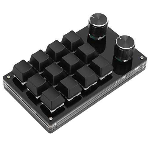 One Handed Macro Mechanical Keyboard, 12 Key Programmable Keypad, DIY Mechanical Gaming Keyboard with Knob, Portable for Gaming and PC, Dust Proof Green Shaft, Plug and Play for Wi (Black)