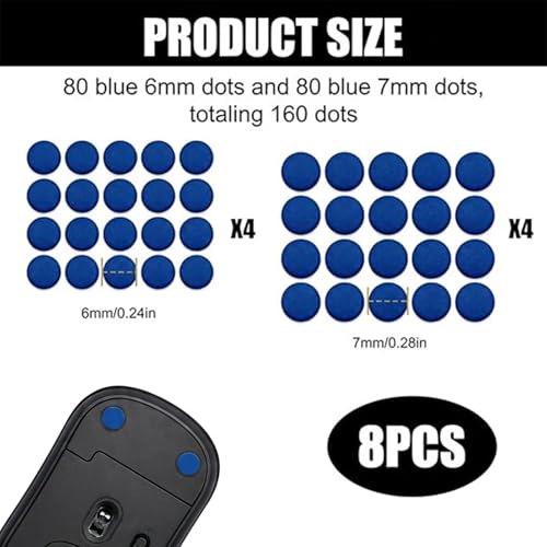 160 Pcs Mouse Slider Pads Replacement, PTFE Glide Dots 6mm and 7mm Universal Mouse Skates for Gaming Mouse and Office Mice, Smooth Glide Upgrade Compatible with Cloth or Hard Mousepads (Blue) - size: Dia 6mm/7mm Blue