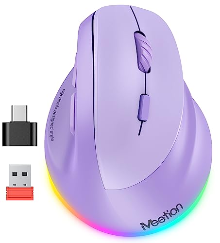 MEETION Ergonomic Mouse, Wireless Vertical Mouse RGB Backlit, Rechargeable Mice for Bluetooth(5.2+3.0) & USB-A with USB-C Adapter, 4 Adjustable DPI Compatible Mac/Windows/Andriod/PC/Tablet/iPad Purple - color: Purple