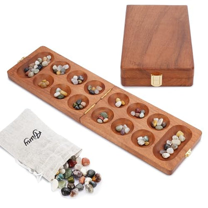 Ajuny Wooden Mancala Board Game Folding Travel Set with 80 Marbles 2 Player | Classic Counting Strategy Activity for Kids Adults Families Portable Entertainment Educational Tabletop Indoor Fun Night Play - size: 9.5 Inch
