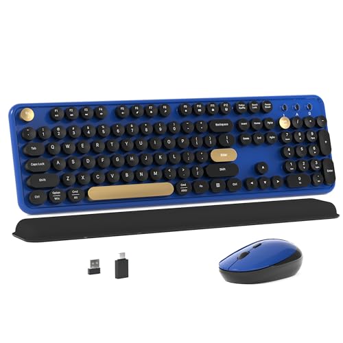 MPTOG Colorful Wireless Computer Keyboard and Mouse Combo with Round Typewriter Keycaps, Retro Design, Power Switch, Ergonomic Design, 2.4GHz Wireless for Windows, Mac, PC(Black-Blue) - color: Black-Blue