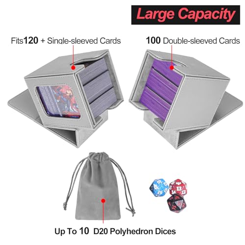 AFIING MTG Deck Box for Commander Display,Card Deck Box Fits 100 Double Sleeved Cards, Magic Commander TCG Card Storage Box with 2 Dividers,Drawstring Bag and 1 Toploader(Silver/grey) - color: Commander Silver Grey