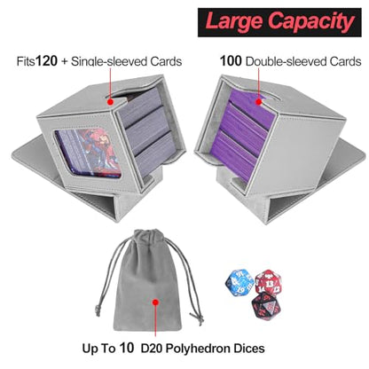 AFIING MTG Deck Box for Commander Display,Card Deck Box Fits 100 Double Sleeved Cards, Magic Commander TCG Card Storage Box with 2 Dividers,Drawstring Bag and 1 Toploader(Silver/grey) - color: Commander Silver Grey