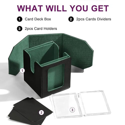 Commander Dual Display Deck Box — Patented Design Holds 130 Double-Sleeved/100 Triple-Sleeved Cards, Includes 2 Thick Card Bricks & 2 Dividers, Multi-Function Storage Cas（Black Green） - color: Black/Green