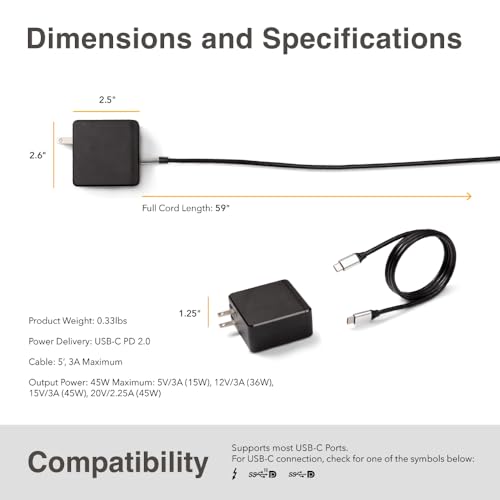 SideTrak USB-C® Wall Power Adapter, 45W Wall Charger with 4K Support, Compatible with SideTrak Portable Monitors and Other Devices, 5ft USB-C® to USB-C® Cord Included - style: Wall Power Cord