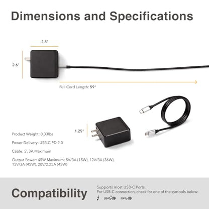 SideTrak USB-C® Wall Power Adapter, 45W Wall Charger with 4K Support, Compatible with SideTrak Portable Monitors and Other Devices, 5ft USB-C® to USB-C® Cord Included - style: Wall Power Cord