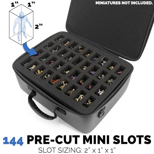 CASEMATIX Miniature Carrying Case - 144 Slot Miniature Storage Case with Four Impact-Absorbing Foam Trays For Minis, Adjustable Shoulder Strap, ID Card Holder and More!