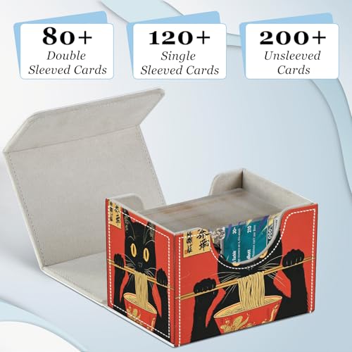 Commander Deck Box for Trading Cards - Fits 100+ Double Sleeved Cards, PU Leather MTG TCG Storage Case with Strong Magnetic Closure, Cat Eating Ramen - color: Cat Eating Ramen