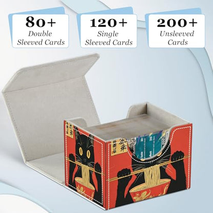 Commander Deck Box for Trading Cards - Fits 100+ Double Sleeved Cards, PU Leather MTG TCG Storage Case with Strong Magnetic Closure, Cat Eating Ramen - color: Cat Eating Ramen