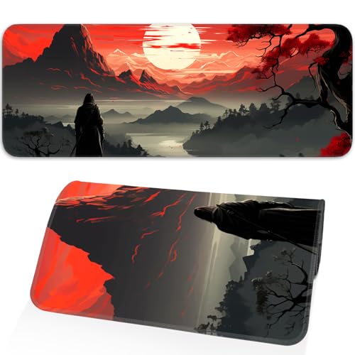 Japanese Gaming Mouse Pad, Non-Slip Rubber Base with Stitched Edge Mouse Pad for Office, Laptop, 31.5x11.8 Inch Anime Gaming Keyboard Pad - color: Red Moon Canyon