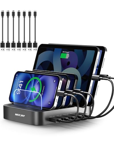 MSTJRY Charging Station for Multiple Devices : 5 Port Multi USB-A Charger Stations Multi-Device Organizer Charging Dock Designed for iPhone iPad Cell Phone Tablets (7 Short Cables Included), Gunmetal - color: gunmetal