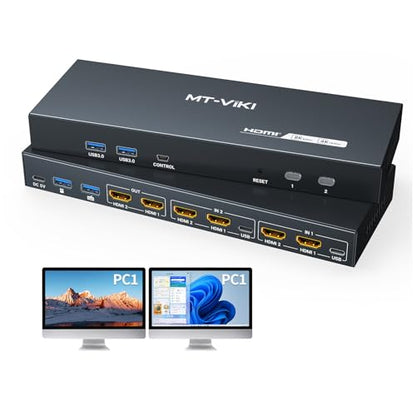 MT-Viki 8K@60Hz HDMI KVM Switch 2 Monitors 2 Computers, 4K@144Hz Dual KVM Switch HDMI with 4 USB 3.0 Port, EDID, 2 USB Cables and Desktop-Controller Included - style: 2 IN 2 OUT 8K@60