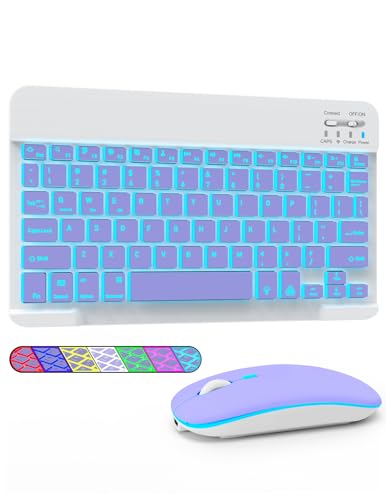 LAMA 7 Colors Backlit Bluetooth Keyboard and Mouse Combo for iPad Pro/Air/Mini, Ultra-Slim Rechargeable Wireless Keyboard and Mouse for iPhone 15/14/13 Pro/Samsung/PC/Laptop/iOS/Windows/Android,PL - color: Purple