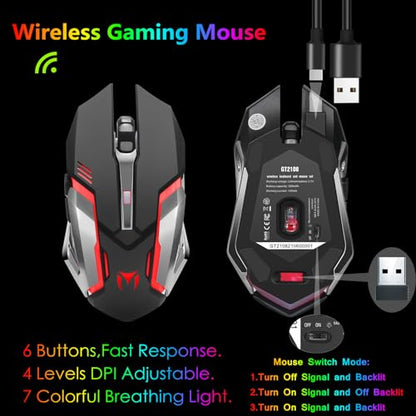 Wireless RGB Gaming Keyboard and Mouse - Rechargeable Backlit,Long Battery Life,Metal Panel Mechanical Feel with Palm Rest,7 Color Gaming Mouse and Mouse Pad for Game and Work