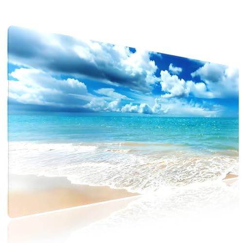 Tranquil Coastal Beach Large Mouse Pad, Blue Ocean Puffy Clouds Desk Mat | Nature Sean Scenery, 31.5" x 11.8", XXL Gaming/Office Durable Stitched Keyboard Mat, Smooth Surface Anti-Slip Base - color: Clear Blue Beach Scene