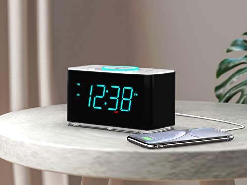 Emerson ER100401 Smartset 15Watt Ultra Fast Wireless Charging Dual Alarm Clock Radio with Bluetooth Speaker, USB Charger, Cyan LED Night Light and 1.4" Display - style: ER100401