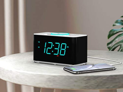 Emerson ER100401 Smartset 15Watt Ultra Fast Wireless Charging Dual Alarm Clock Radio with Bluetooth Speaker, USB Charger, Cyan LED Night Light and 1.4" Display - style: ER100401