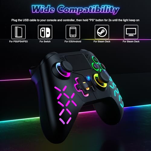 Gamrombo LED Wireless Controller for PS5 with 2.4g adpter, Compatible with PS5 Pro/Slim/PC, Dual Vibration, Marco/Turbo Function, 3.5mm Audio Jack, 6-Axis Motion Contro Gamepad with Speaker - color: RGB Black