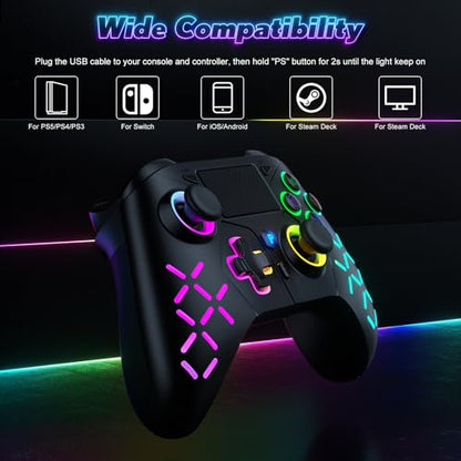 Gamrombo LED Wireless Controller for PS5 with 2.4g adpter, Compatible with PS5 Pro/Slim/PC, Dual Vibration, Marco/Turbo Function, 3.5mm Audio Jack, 6-Axis Motion Contro Gamepad with Speaker - color: RGB Black