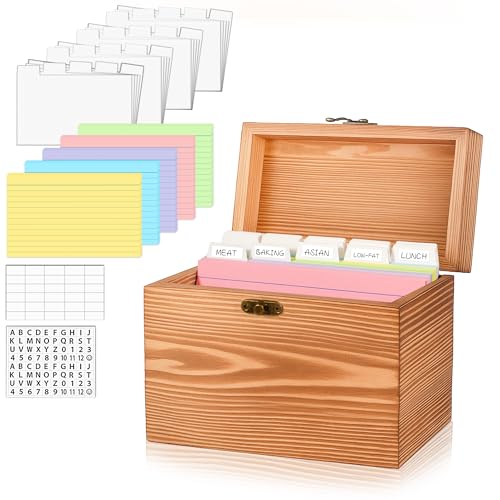 MOBYKE Index Card Holder 4x6, wooden Origanizer Recipe Box with 100 PCS Flash cards, 30 White Dividers, 1 Blank Sticker and 1 Letter Sticker, Flashcard Notecard Holders for Home Office - color: colorful, size: 4x6