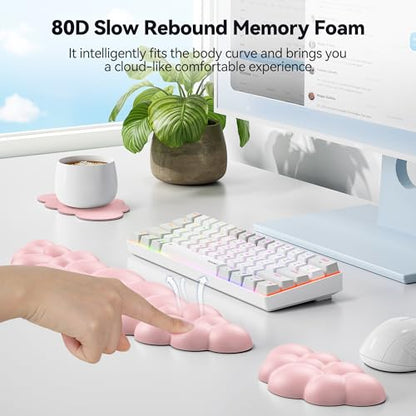 TECKNET Cloud Keyboard Wrist Rest Set, Cloud Wrist Rest with Non-Slip Base, PU Leather Wrist Pad for Keyboard with Ergonomic Memory Foam for Computer Laptop Office Gaming and Pain Relief, Light Pink - color: Light Pink