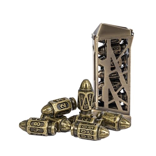 UDIXI Metal DND Bullet Dice Set, Polyhedral Bullet Metal Dice Set Bronze | 7PCS, Cool Style, Magazines Container and PU Leather Bag, for D&D Dungeons and Dragons Role Playing Games and Tabletop Games - color: Bronze