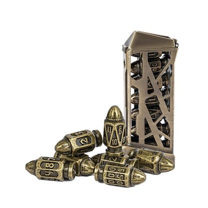 UDIXI Metal DND Bullet Dice Set, Polyhedral Bullet Metal Dice Set Bronze | 7PCS, Cool Style, Magazines Container and PU Leather Bag, for D&D Dungeons and Dragons Role Playing Games and Tabletop Games - color: Bronze