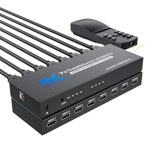 BolAAzuL 7 Port HDMI Switch 7 in 1 Out 4K@60Hz HDMI Selector Box w/Power | Hub HDMI Switcher 7x1 HDMI Port Expander 7-Way Support 3D HDCP2.2 HDR for NS PS5 Xbox Series X HDTV PC Roku Fire Stick