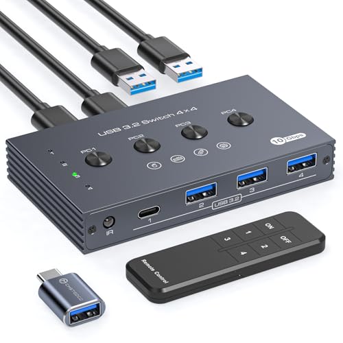 USB 3.2 Switch Selector 4 Computers Share 1 USBC & 3 USBA Devices 10Gbps 4 Port USB Switcher Sharing Keyboard Mouse Printer Scanner with Cable and Remote Control and a dapter - color: Silver Grey