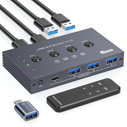 USB 3.2 Switch Selector 4 Computers Share 1 USBC & 3 USBA Devices 10Gbps 4 Port USB Switcher Sharing Keyboard Mouse Printer Scanner with Cable and Remote Control and a dapter - color: Silver Grey