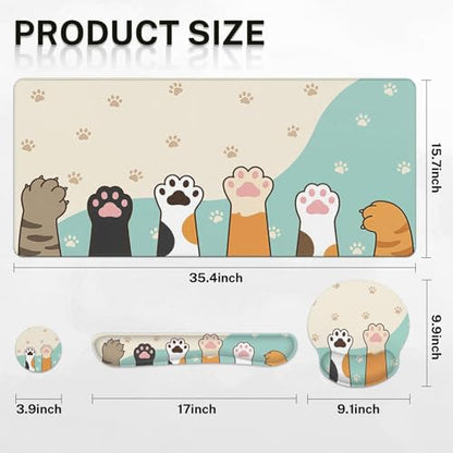 Britimes Kawaii Cat Paws Keyboard Mouse Pad Set Cute Cartoon 4in1 Large Mousepad+Keyboard Wrist Rest+Mouse Wrist Rest+Coaster Ergonomic Design for Home Office Computer 35.4x15.7 inches - color: Cat Paws