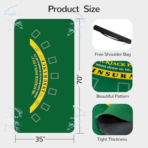 70 x 35 Inch Poker Mat for Table, Texas Hold'em Poker Table Top Mat with Carrying Bag, Waterproof Anti-Slip Rubber Blackjack Mat for Home Game Nights Up to 8 Players - color: Green-blackjack