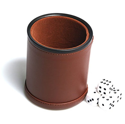 Leather Dice Cup Set Felt Lining Quiet Shaker with 5 Dot Dices for Farkle Yahtzee Games,Brown - color: Brown