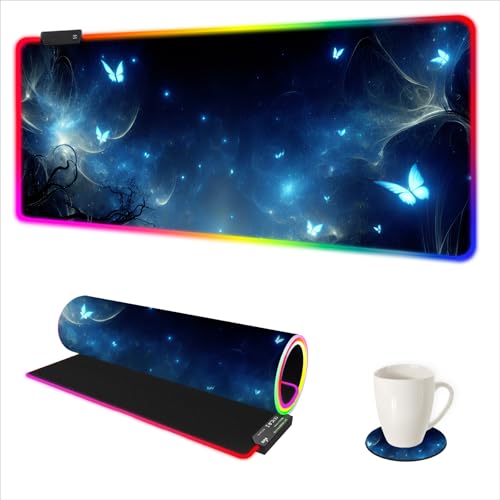 AIMSA RGB Gaming Mouse Pad XXL Large, Extended Glowing Led Light Up Cool Mouse pad Desk Pad Non-Slip Rubber Cute Mousepad Mat 35.4x15.8 Inch, Mysterious Glowing Butterfly - color: Mysterious Glowing Butterfly