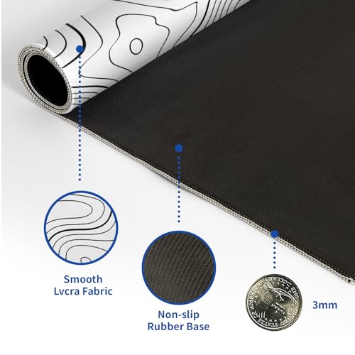 Topographic Contour Gaming Mouse Pad White Large Mouse Pad for Keyboard and Mousepad Desk Mat with 3mm Non-Slip Base and Stitched Edge for Gaming and Office Computer Mat Protector Mat 31.5x11.8 Inch - color: White Topographic Contour