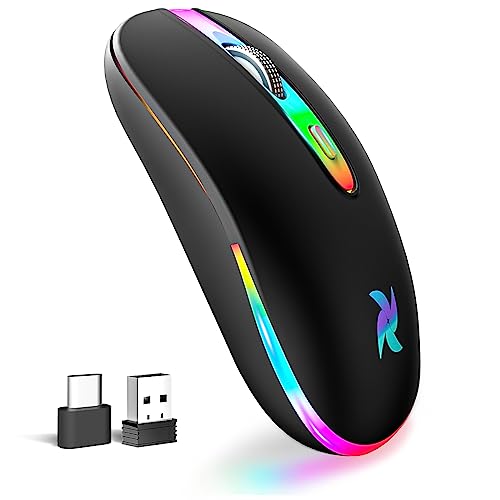 HZD LED Wireless Mouse, Slim Silent Rechargeable Mouse for Laptop, 2.4G Portable USB Optical Mouse with Type C Adapter, 3 Adjustable DPI Levels 1600/1200/800 for Tablet/Computer Black - color: Black