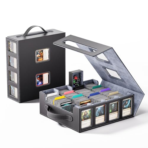 Trading Card Storage Box – 3500+ Magnetic MTG Deck Box with Handle,Commander & Toploader Display, Dice Box,4 Dividers & 30 Color Labels – Fits for TCG,MTG,Yu-Gi-Oh and Sport cards - color: Black/Grey