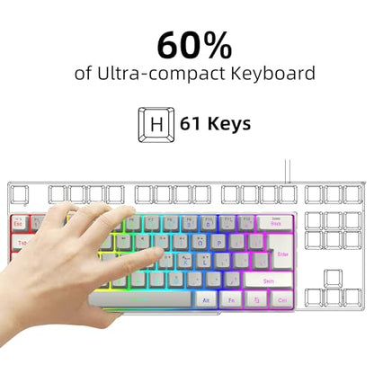 Snpurdiri 60% Wired Gaming Keyboard, SmallUltra-Compact 61 Keys RGB Backlit 60 Percent Gaming Keyboard for PC/Mac Gamer, Typist, Travel, Easy to Carry on Business Trip(White-Grey) - color: White and Grey