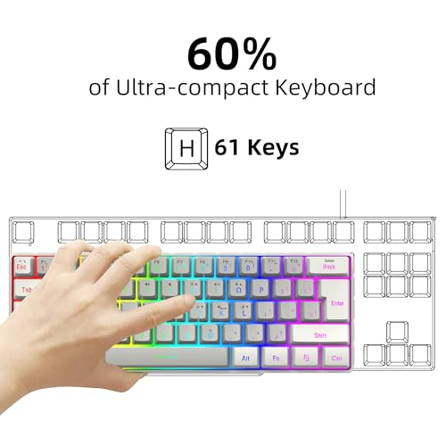 Snpurdiri 60% Wired Gaming Keyboard, SmallUltra-Compact 61 Keys RGB Backlit 60 Percent Gaming Keyboard for PC/Mac Gamer, Typist, Travel, Easy to Carry on Business Trip(White-Grey) - color: White and Grey