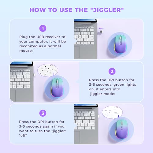 PEIOUS Wireless Mouse Jiggler, LED Mouse with Built-in Mouse Mover, Purple | Rechargeable, Silent Clicks, Adjustable DPI and Random Movement Keep Computers Awake for Work-Life Balance on Laptop/PC/Mac - color: Gradient Purple