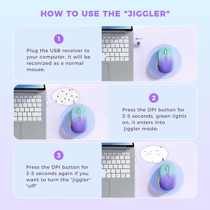 PEIOUS Wireless Mouse Jiggler, LED Mouse with Built-in Mouse Mover, Purple | Rechargeable, Silent Clicks, Adjustable DPI and Random Movement Keep Computers Awake for Work-Life Balance on Laptop/PC/Mac - color: Gradient Purple
