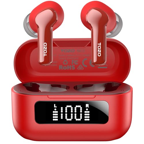 TOZO Hybrid Active Noise Cancelling Wireless Earbuds 6 Mics AI Clear Call | 68H Playtime LED Display 32 Preset EQs App Bluetooth 5.3 IPX8 Waterproof Ear Buds - color: Red