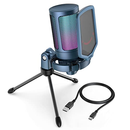 FIFINE AmpliGame A6VB USB Condenser Gaming Mic with RGB for PS5 Streaming | Quick Mute, Gain Control, Tripod Stand, Pop Filter, Cardioid Pickup, for PC/Mac Discord Twitch Podcasts YouTube - color: Blue