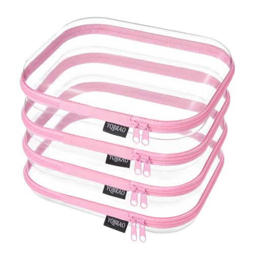 YQBRAO Clear Hard Shell Zipper Cases, 4 Medium Makeup Organizers, Pink | Rigid 1.2 mm PET and YKK dual zippers for skincare, toiletries, chargers, notebooks and daily essentials - color: Pink, size: 4 Pack(M)