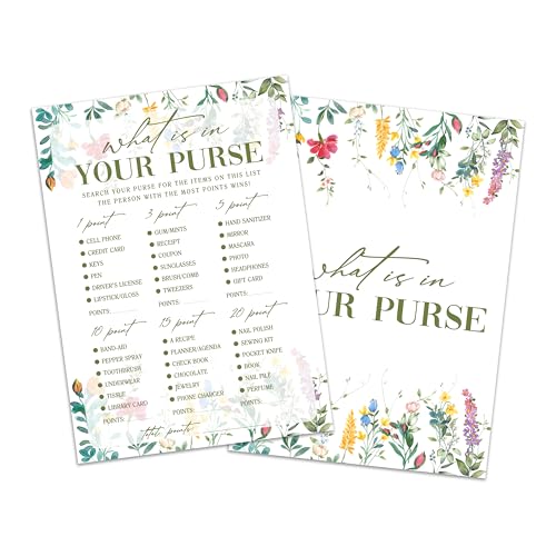 What is in Your Purse Game Cards, Wildflower Bridal Shower Games Card, Floral Wedding Shower Games Set, 25 Game Cards for Bridal Shower Wedding Bachelorette Engagement, 10 - style: What is in Your Purse