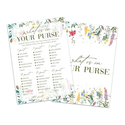 What is in Your Purse Game Cards, Wildflower Bridal Shower Games Card, Floral Wedding Shower Games Set, 25 Game Cards for Bridal Shower Wedding Bachelorette Engagement, 10 - style: What is in Your Purse