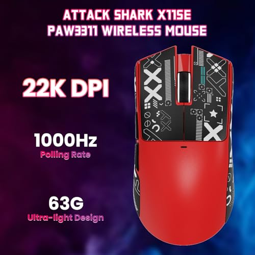 ATTACK SHARK X11SE Wireless Gaming Mouse, 59g Lightweight, Red&Tape | Bluetooth/2.4Ghz Wireless/Wired Connectivity, 22K DPI, PixArt PAW3311 Gaming Sensor, 1K Polling Gamer Mice for PC/Mac - color: Red&Tape