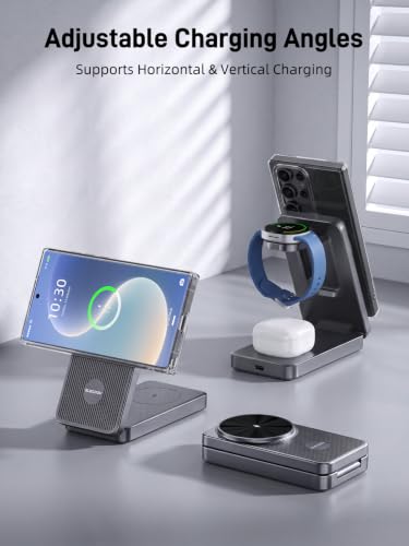 3 in 1 Wireless Charging Station for Samsung, Foldable Wireless Charger | ELECDOV Magnetic Wireless Charger for Galaxy S26/S25/Z Fold 7/Flip 7, Travel Watch Charger Stand for Galaxy Watch 8/Buds 4